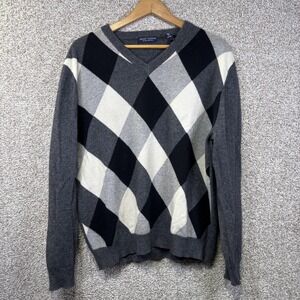 Grant Thomas Sweater Mens Large Gray Argyle 100% Cashmere V Neck Pullover Knit